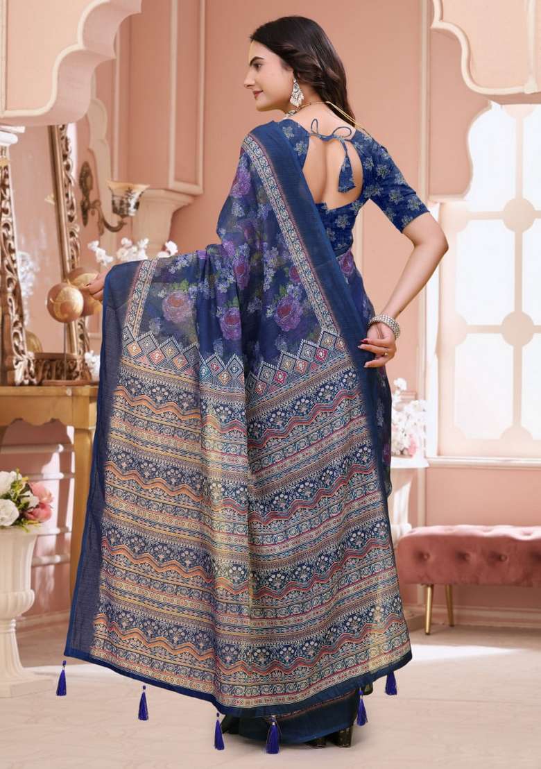 Navy Blue Silk Blend Saree Set with Zari Work for Diwali | Wedding & Festive Wear - Indya