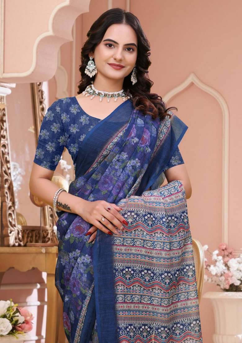 Navy Blue Silk Blend Saree Set with Zari Work for Diwali | Wedding & Festive Wear - Indya