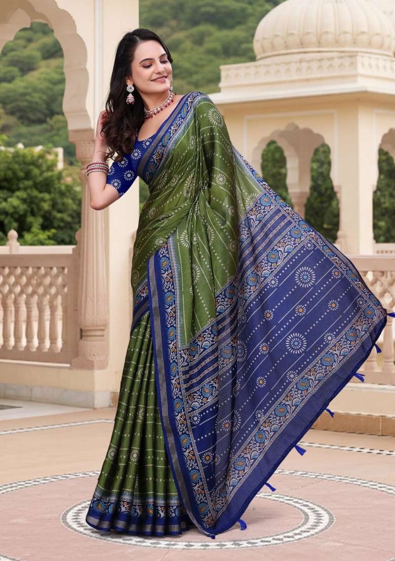 Mehendi Zari Work Silk Blend Saree Set for Diwali and Festive Wear - Indya