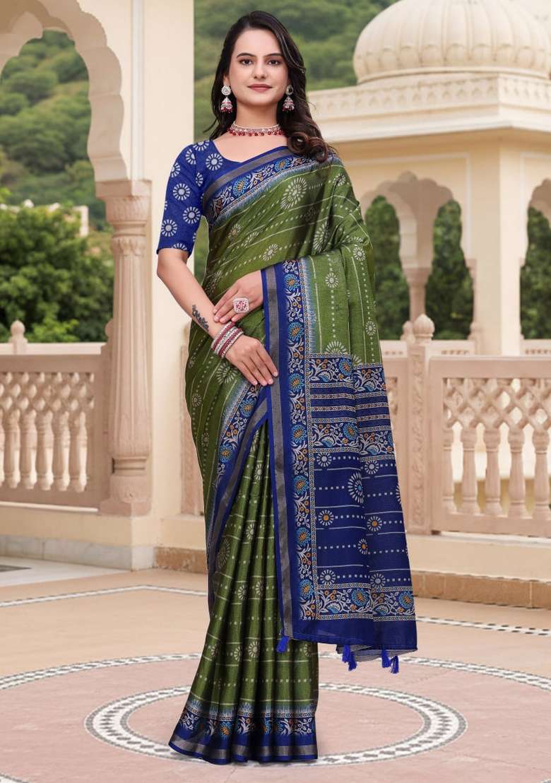 Mehendi Zari Work Silk Blend Saree Set for Diwali and Festive Wear - Indya