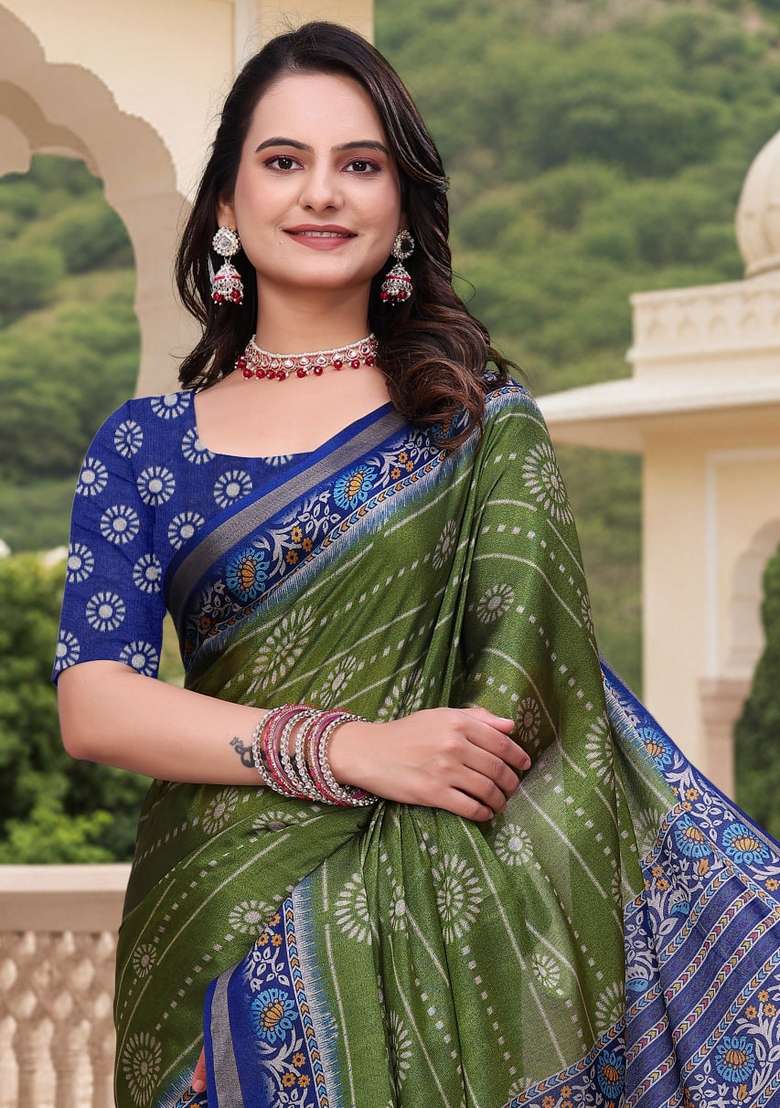 Mehendi Zari Work Silk Blend Saree Set for Diwali and Festive Wear - Indya