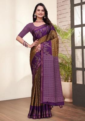 Brown Zari Work Silk Blend Saree Set