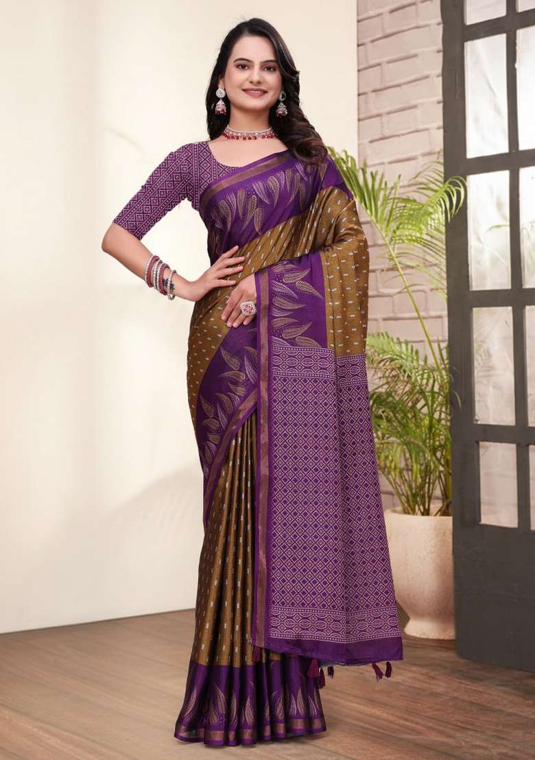 Brown Zari Work Silk Blend Saree Set for Diwali and Festive Wear - Indya