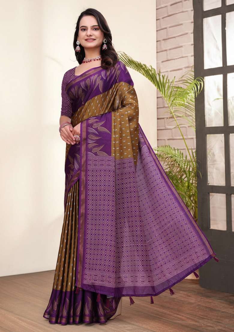 Brown Zari Work Silk Blend Saree Set for Diwali and Festive Wear - Indya