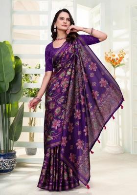 Purple Zari Work Silk Blend Saree Set
