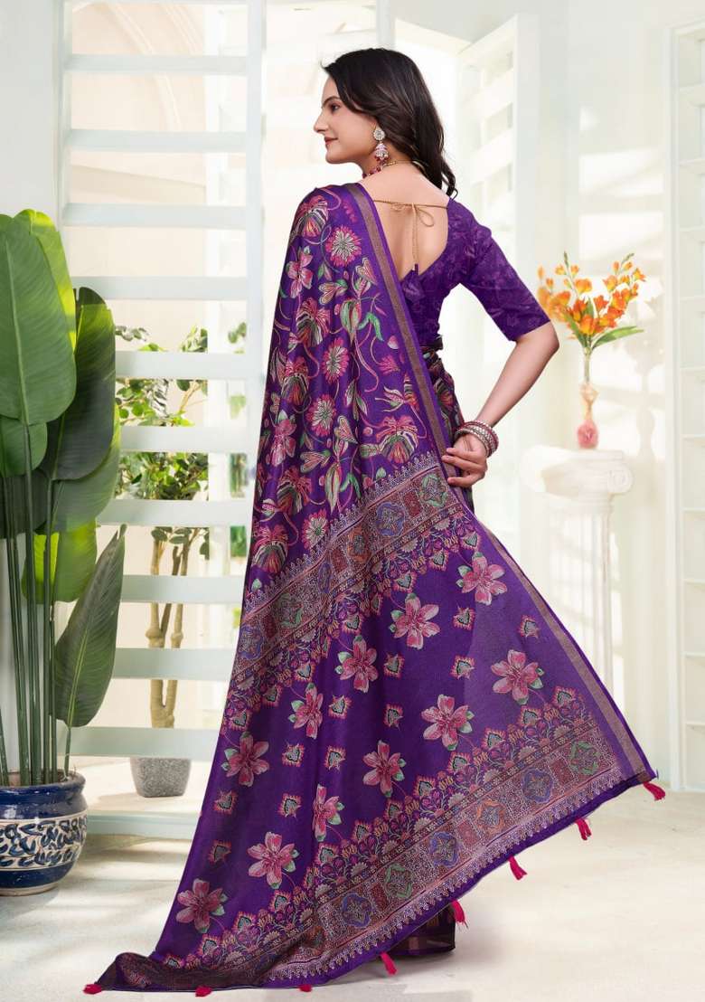 Purple Zari Work Silk Blend Saree Set for Diwali and Festive Wear - Indya