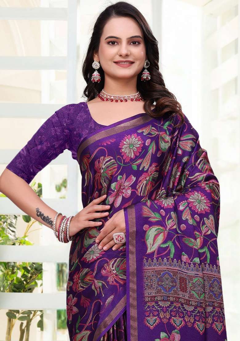 Purple Zari Work Silk Blend Saree Set for Diwali and Festive Wear - Indya