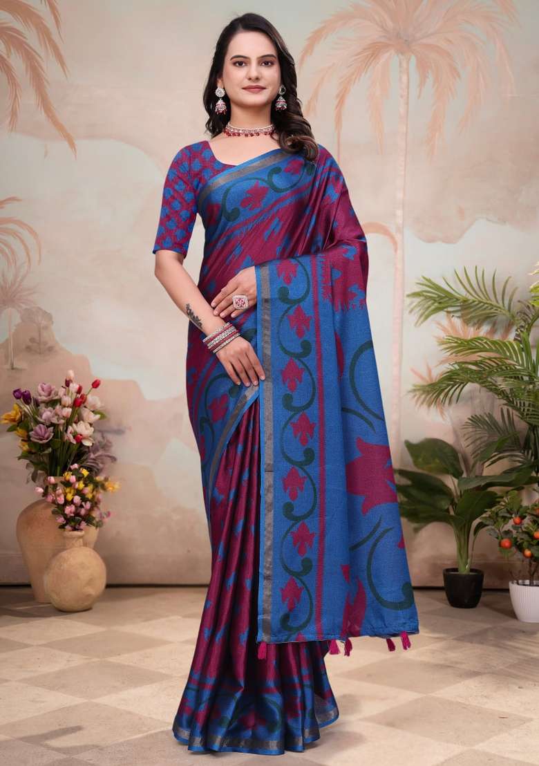 Red Zari Work Silk Blend Saree Set for Diwali and Festive Wear - Indya