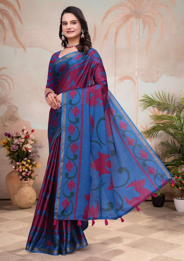 Red Zari Work Silk Blend Saree Set for Diwali and Festive Wear - Indya