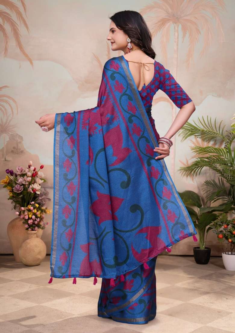 Red Zari Work Silk Blend Saree Set for Diwali and Festive Wear - Indya