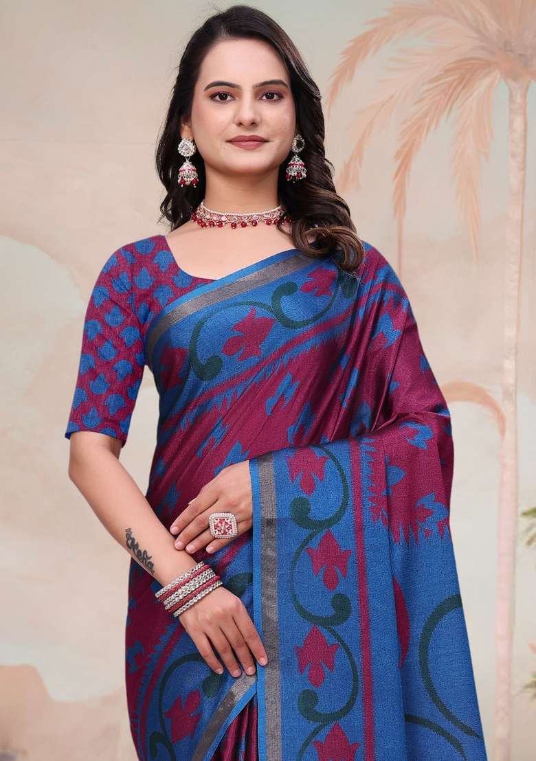 Red Zari Work Silk Blend Saree Set for Diwali and Festive Wear - Indya