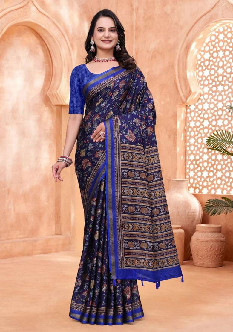 Navy Blue Silk Blend Saree Set with Zari Work for Diwali | Wedding & Festive Wear - Indya