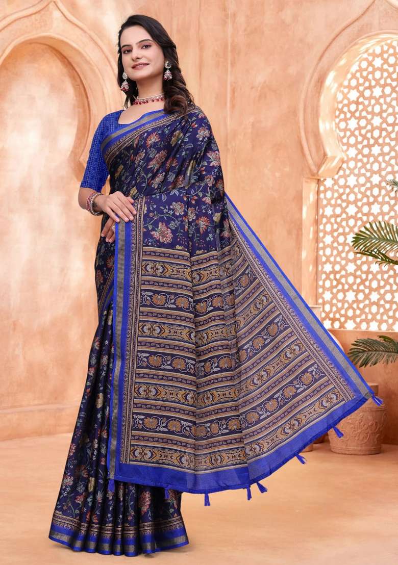 Navy Blue Silk Blend Saree Set with Zari Work for Diwali | Wedding & Festive Wear - Indya