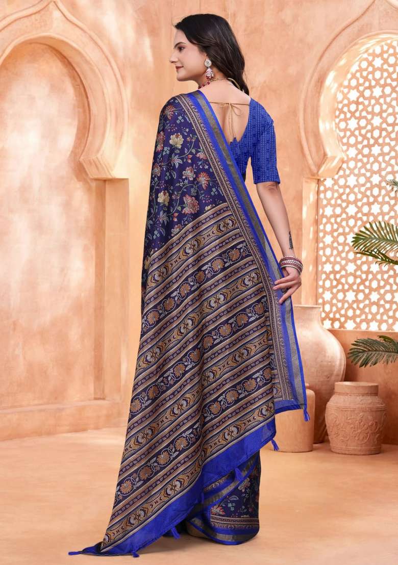Navy Blue Silk Blend Saree Set with Zari Work for Diwali | Wedding & Festive Wear - Indya