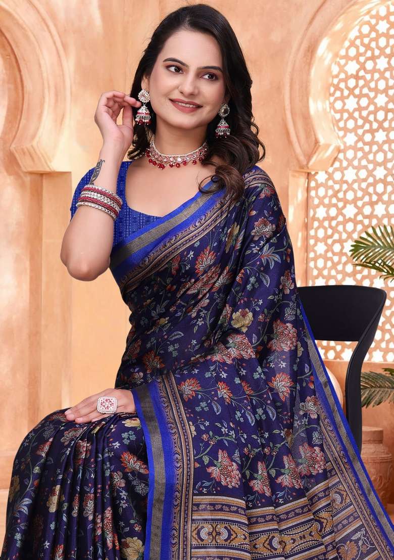 Navy Blue Silk Blend Saree Set with Zari Work for Diwali | Wedding & Festive Wear - Indya