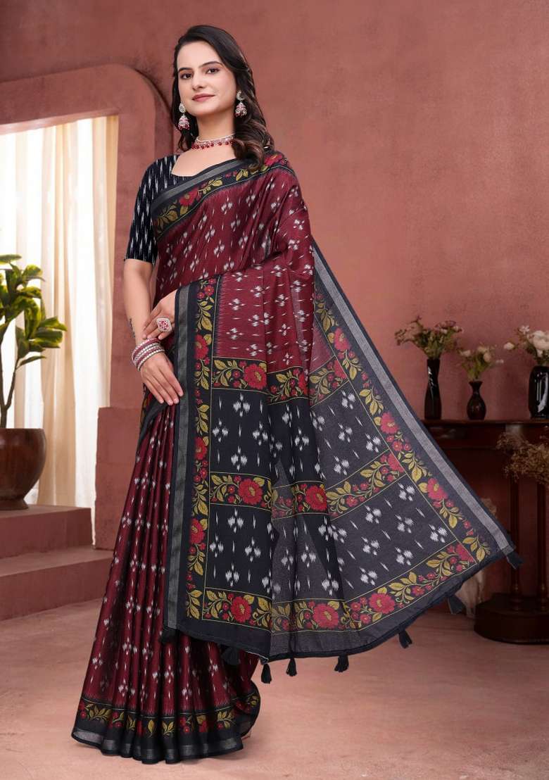 Maroon Silk Blend Saree Set with Zari Work for Diwali | Wedding & Festive Wear - Indya