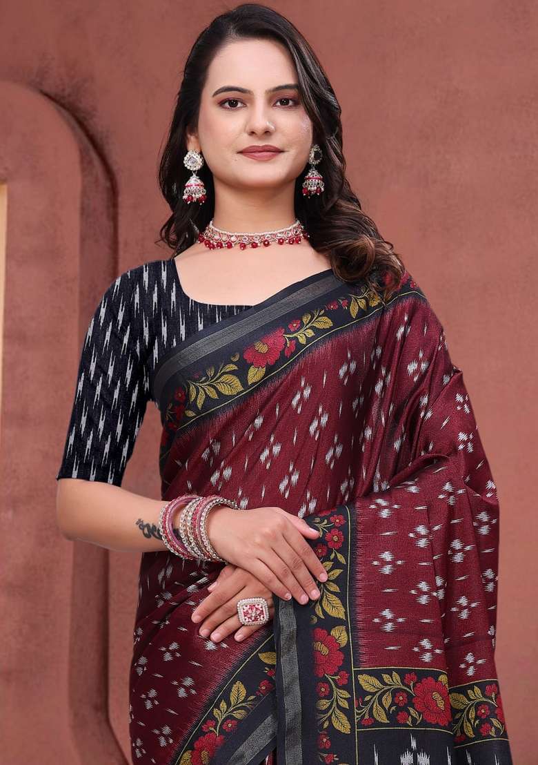 Maroon Silk Blend Saree Set with Zari Work for Diwali | Wedding & Festive Wear - Indya