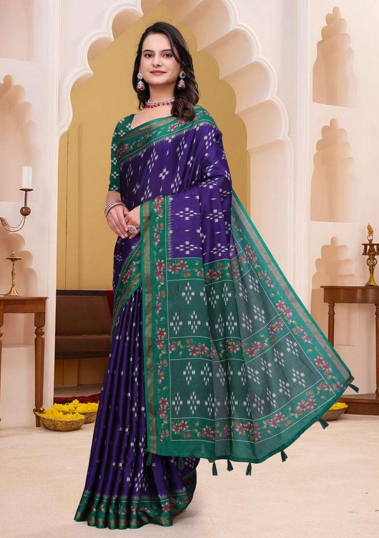 Purple Silk Blend Saree Set with Zari Work for Diwali | Wedding & Festive Wear - Indya