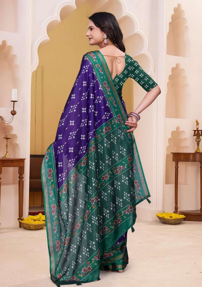 Purple Silk Blend Saree Set with Zari Work for Diwali | Wedding & Festive Wear - Indya