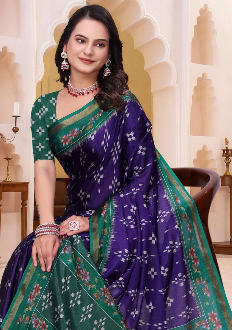 Purple Silk Blend Saree Set with Zari Work for Diwali | Wedding & Festive Wear - Indya