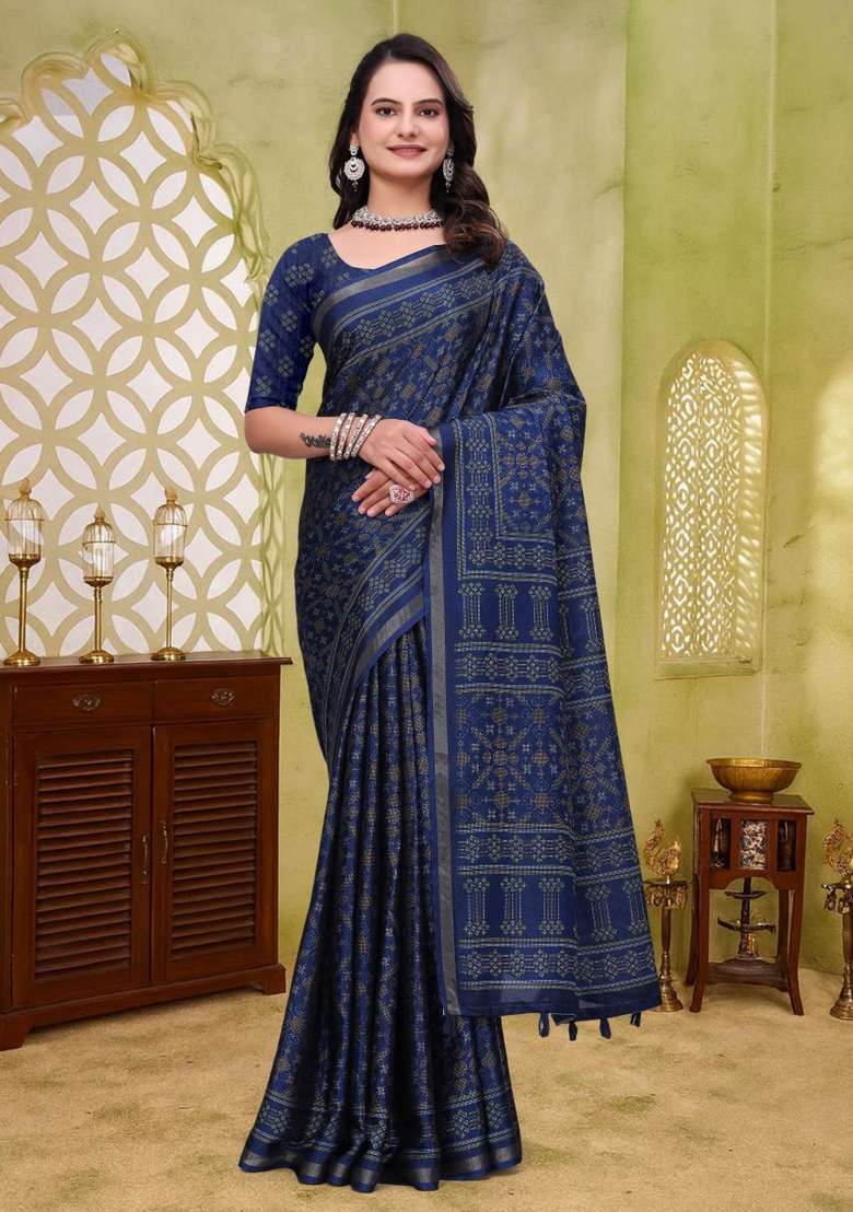 Navy Blue Silk Blend Saree Set with Zari Work for Diwali | Wedding & Festive Wear - Indya