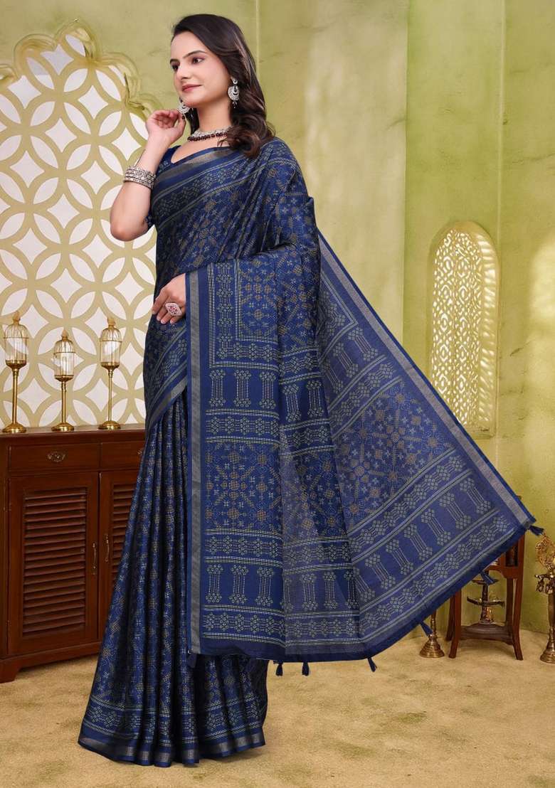 Navy Blue Silk Blend Saree Set with Zari Work for Diwali | Wedding & Festive Wear - Indya