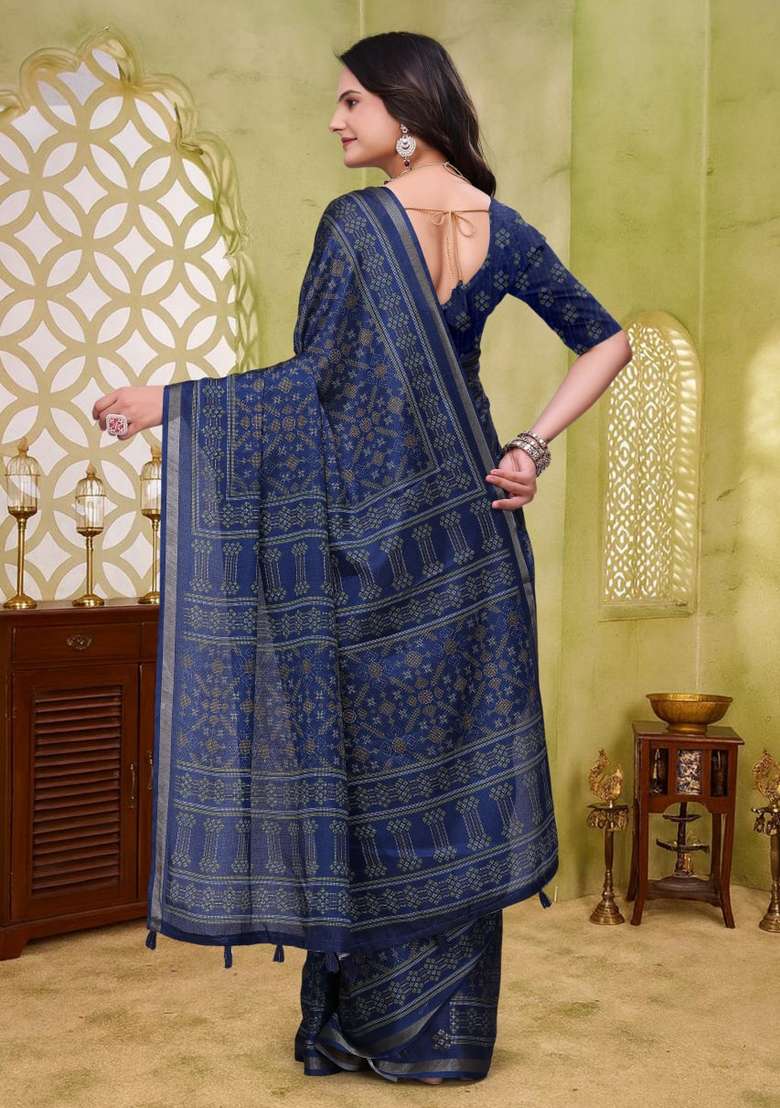 Navy Blue Silk Blend Saree Set with Zari Work for Diwali | Wedding & Festive Wear - Indya