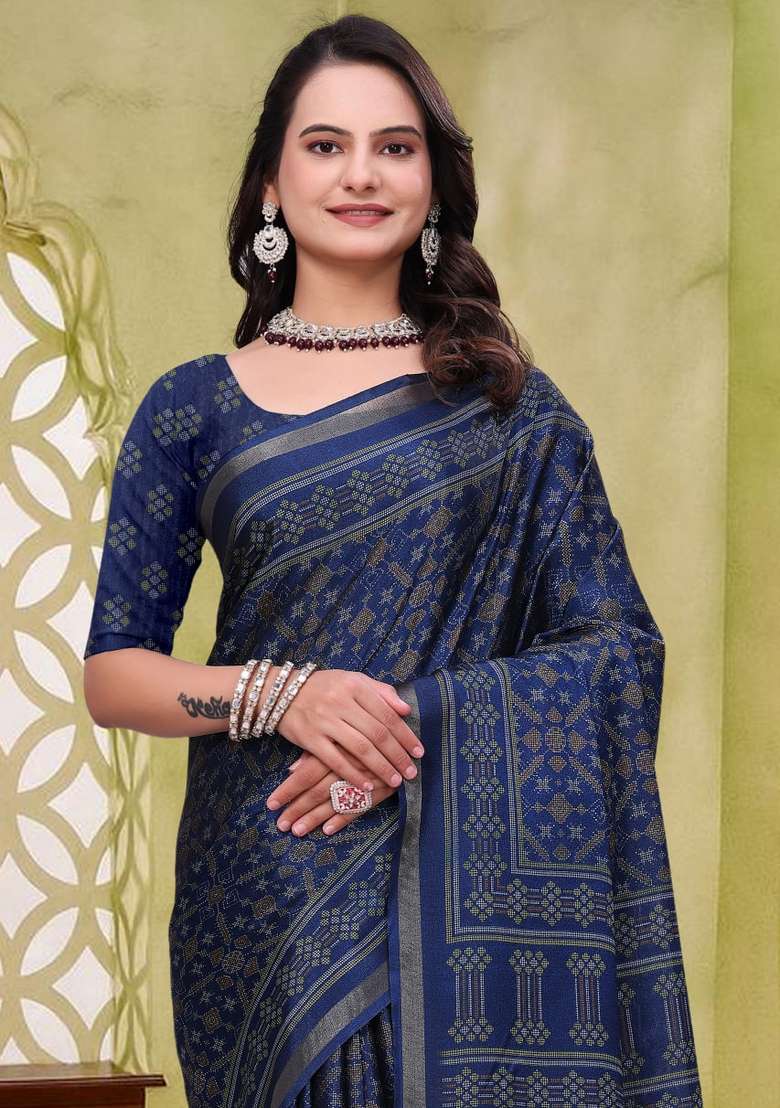 Navy Blue Silk Blend Saree Set with Zari Work for Diwali | Wedding & Festive Wear - Indya