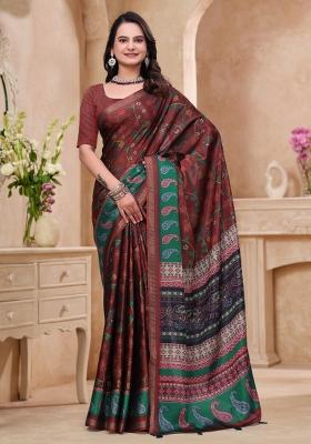 Maroon Zari Work Silk Blend Saree Set