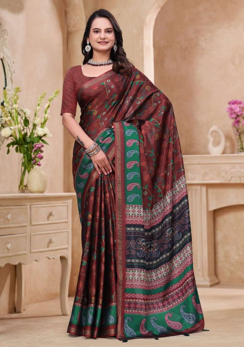 Maroon Zari Work Silk Blend Saree Set for Diwali and Festive Wear - Indya