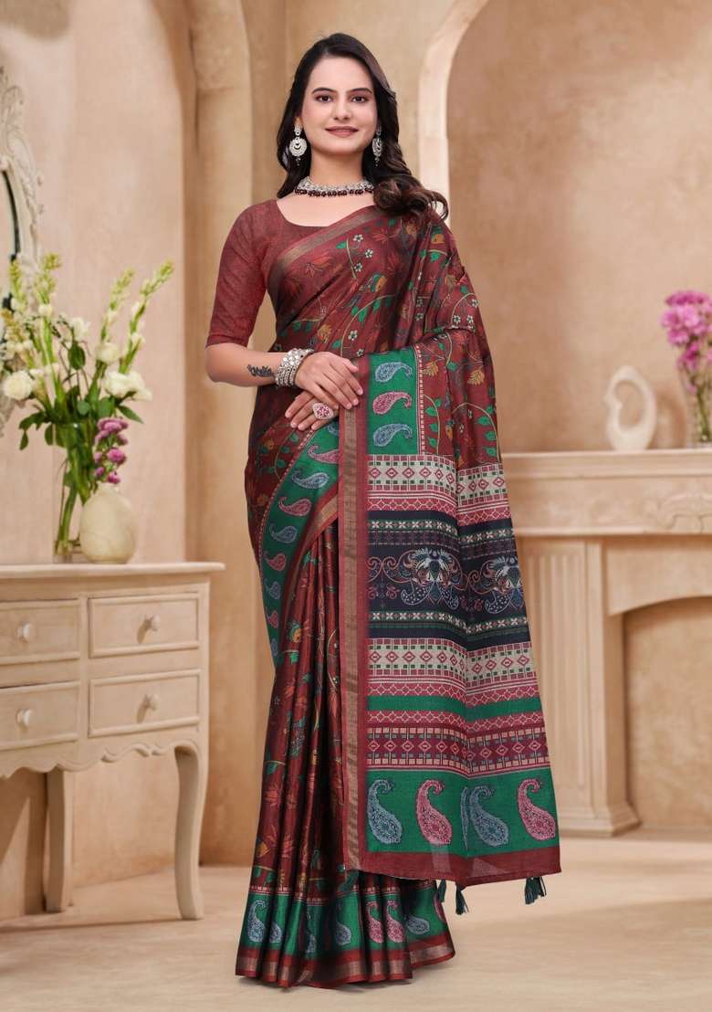 Maroon Zari Work Silk Blend Saree Set for Diwali and Festive Wear - Indya