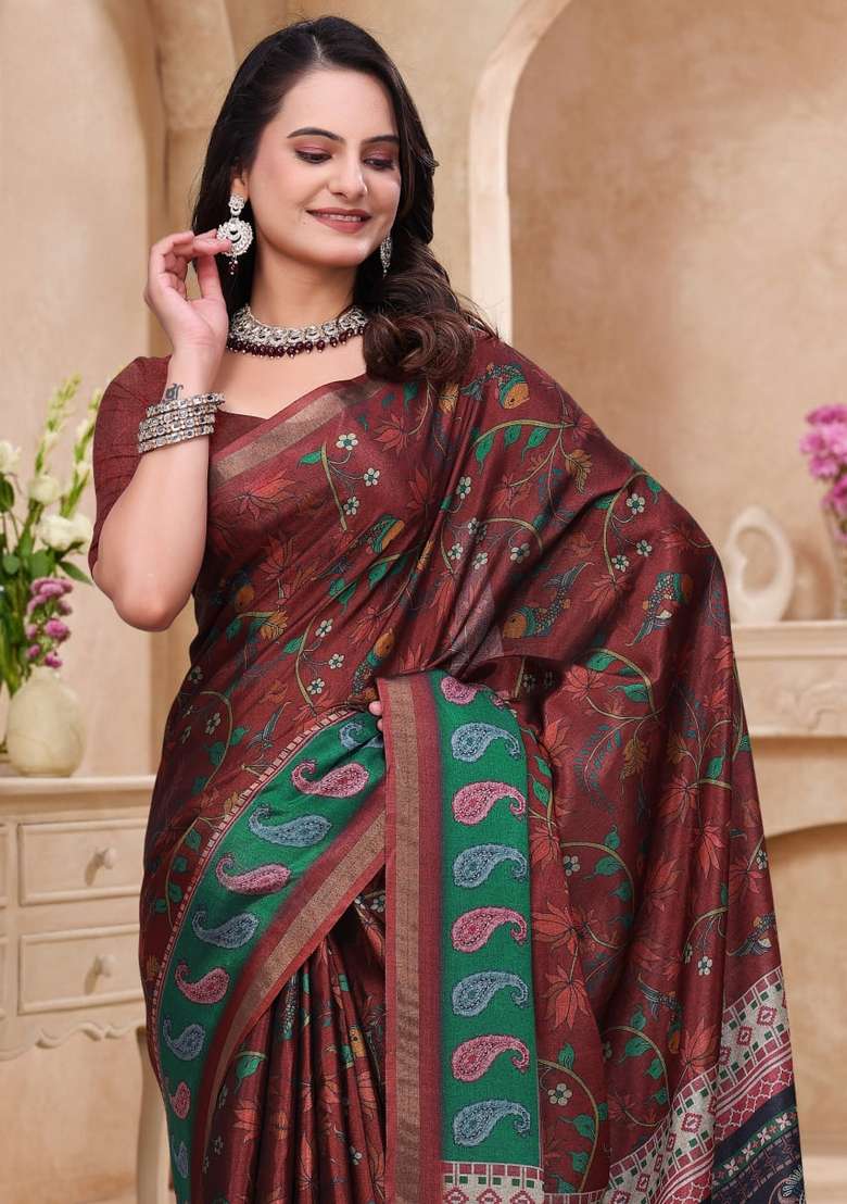 Maroon Zari Work Silk Blend Saree Set for Diwali and Festive Wear - Indya