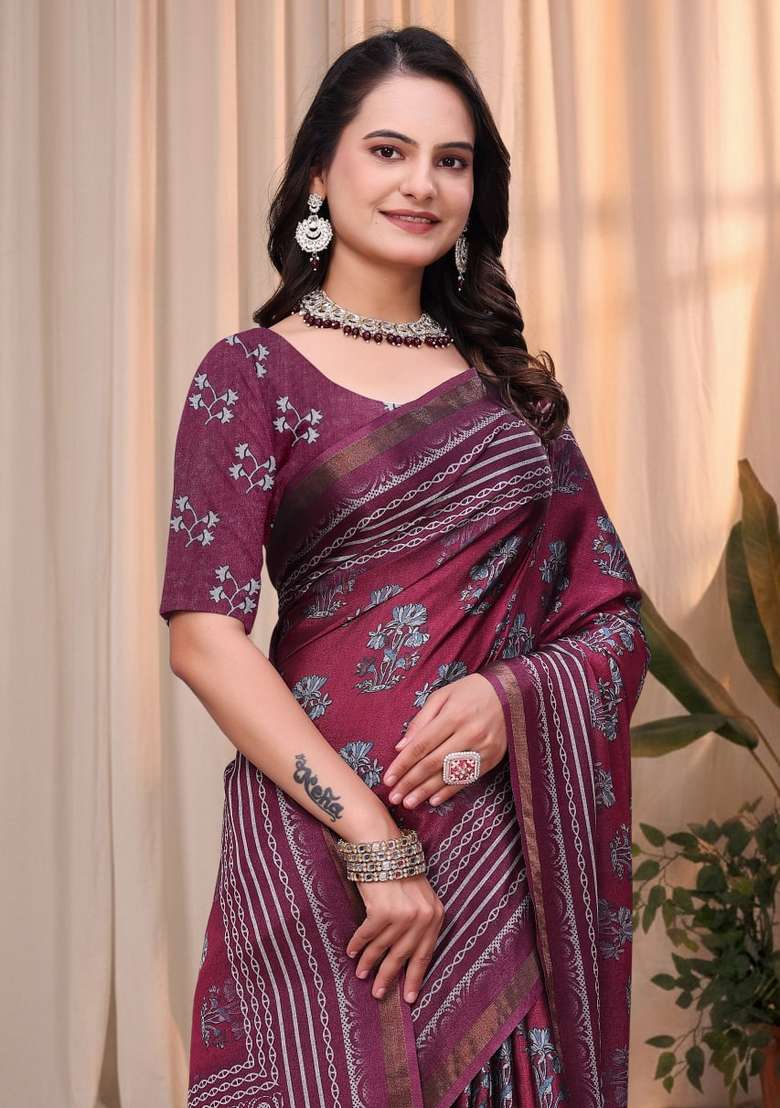 Red Zari Work Silk Blend Saree Set for Diwali and Festive Wear - Indya
