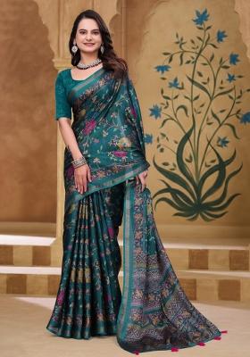 Rama Green Zari Work Silk Blend Saree Set