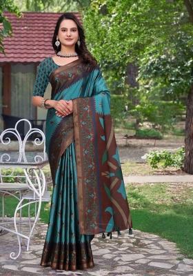 Teal Zari Work Silk Blend Saree Set