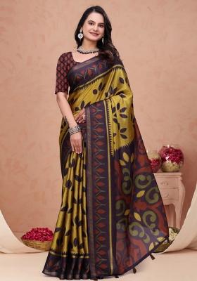 Mustard Zari Work Silk Blend Saree Set