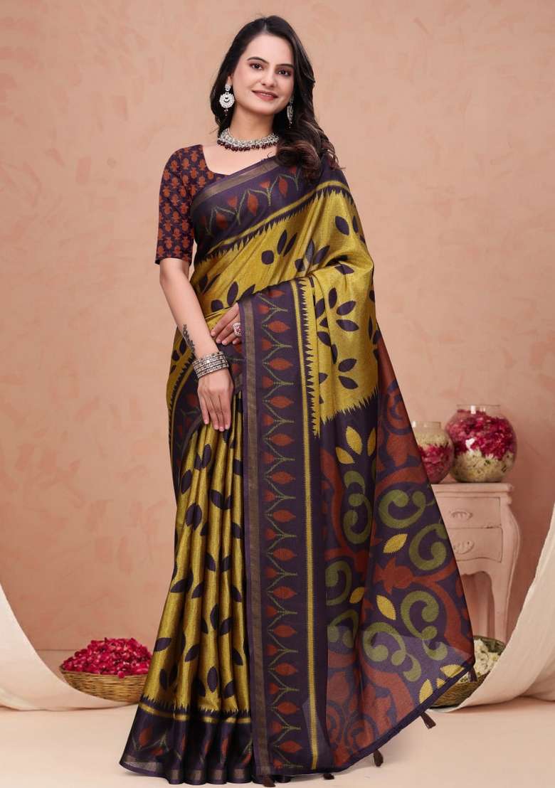 Mustard Zari Work Silk Blend Saree Set for Diwali and Festive Wear - Indya