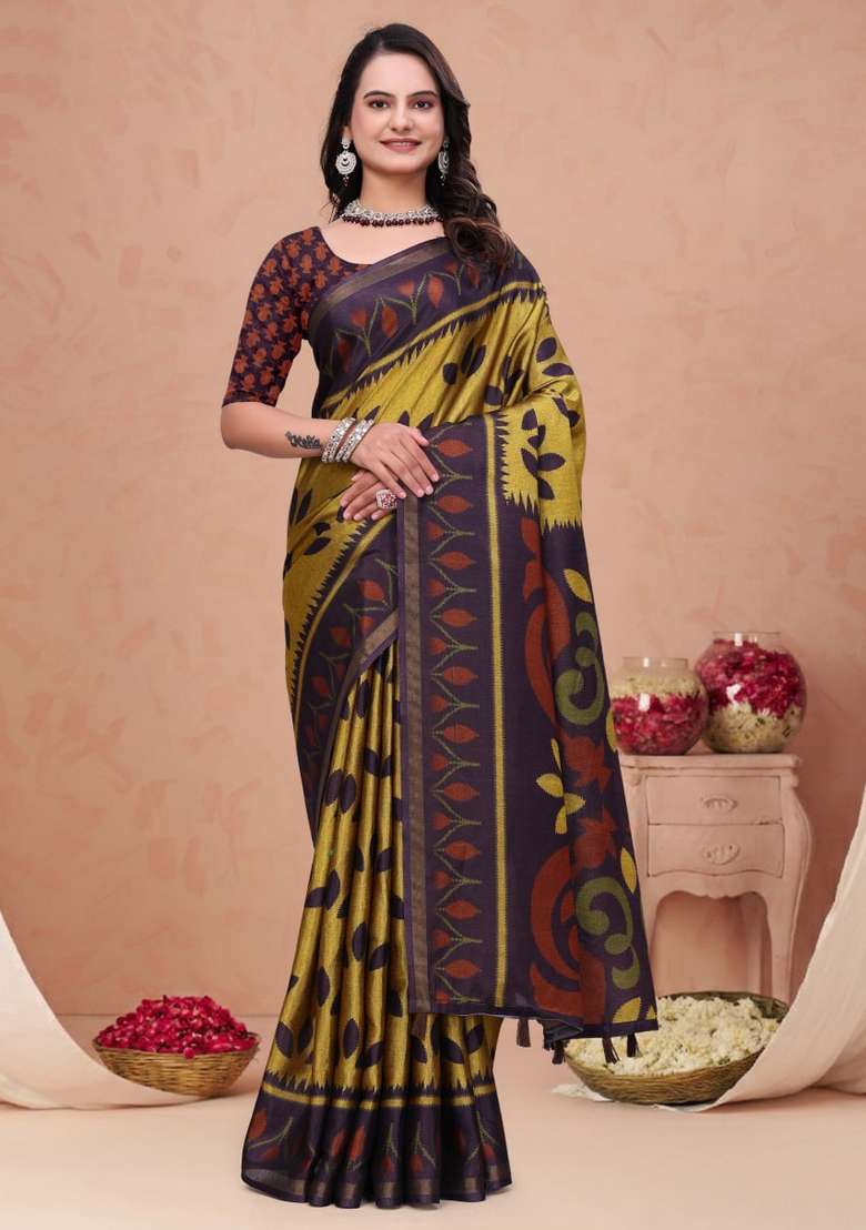 Mustard Zari Work Silk Blend Saree Set for Diwali and Festive Wear - Indya