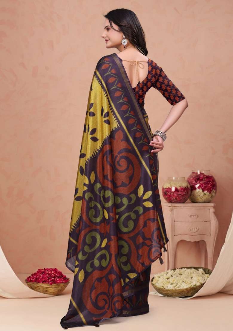 Mustard Zari Work Silk Blend Saree Set for Diwali and Festive Wear - Indya