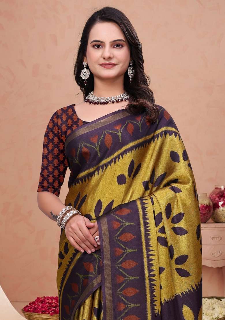 Mustard Zari Work Silk Blend Saree Set for Diwali and Festive Wear - Indya
