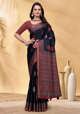 Black Zari Work Silk Blend Saree Set