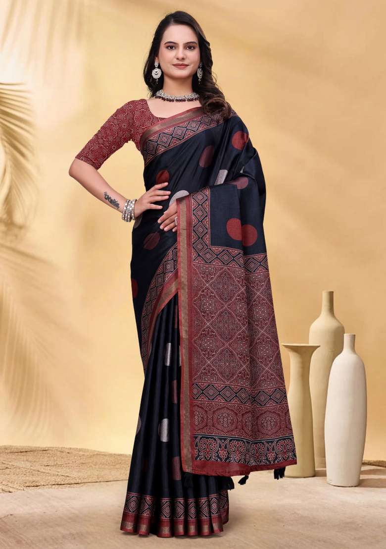 Black Silk Blend Saree Set with Zari Work for Diwali | Wedding & Festive Wear - Indya