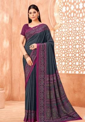 Slate Grey Printed Silk Saree Set