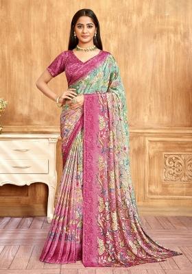 Pink Green Printed Silk Saree Set