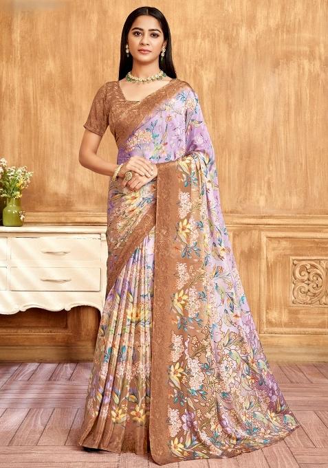 Brown Purple Printed Silk Saree Set