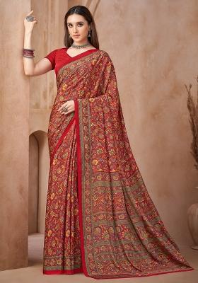 Red Printed Silk Saree Set