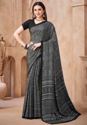 Grey Black Silk Saree Set with Printed for Diwali | Wedding & Festive Wear