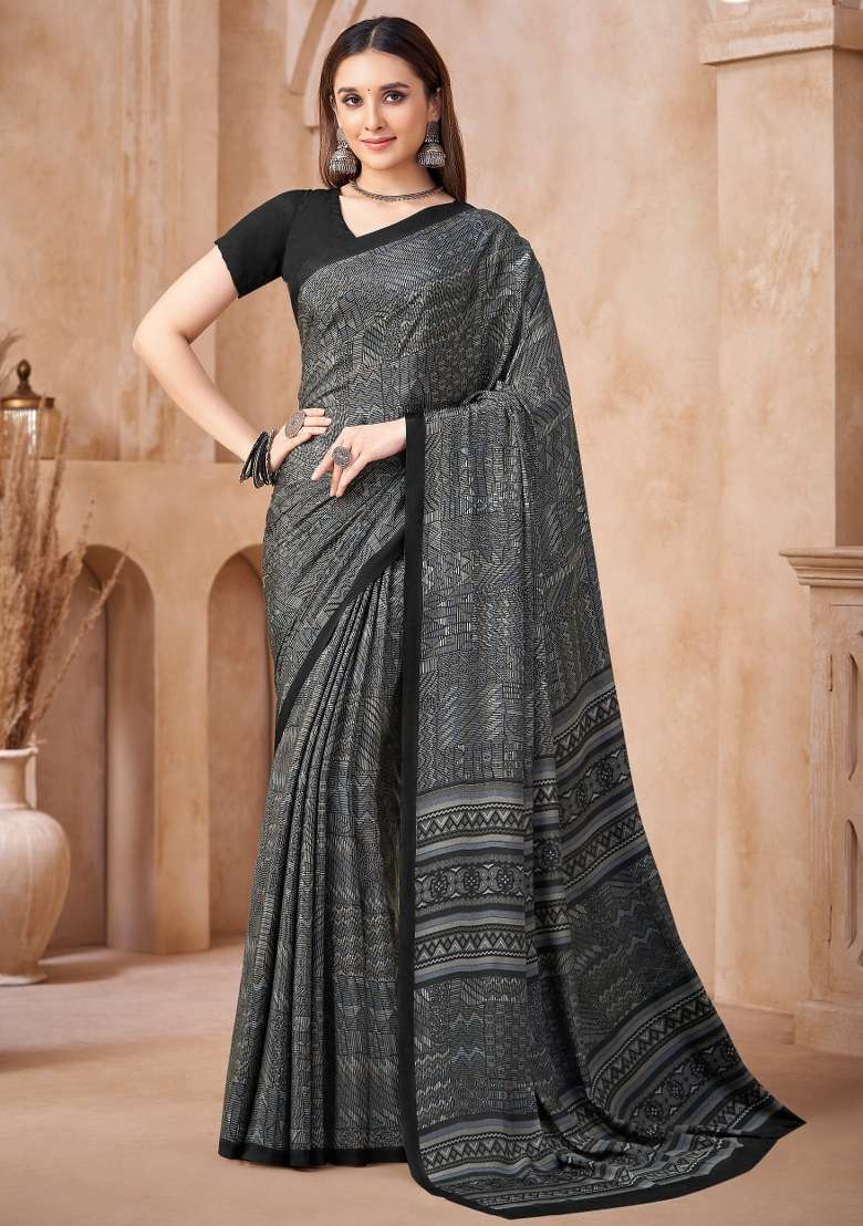 Grey Black Silk Saree Set with Printed for Diwali | Wedding & Festive Wear - Indya