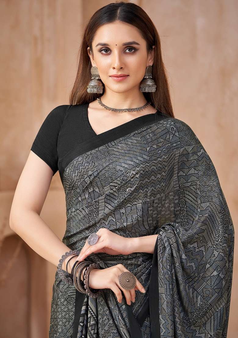 Grey Black Silk Saree Set with Printed for Diwali | Wedding & Festive Wear - Indya