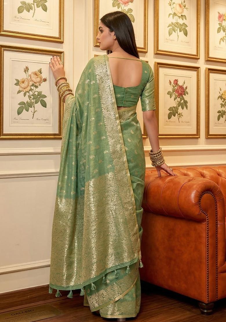 Green Zari Work Tissue Saree Set - Indya